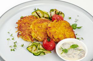 Kartoffelpuffer mit Pilzsauce + Apfelsaft (PRML)